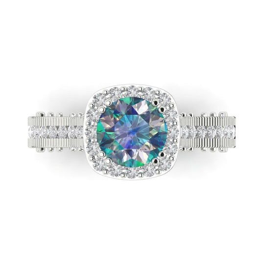 2.37 cttw Blue Moissanite Hidden Halo Engagement Ring - Solid White Gold (VVS1, Round Cut,7.5mm)