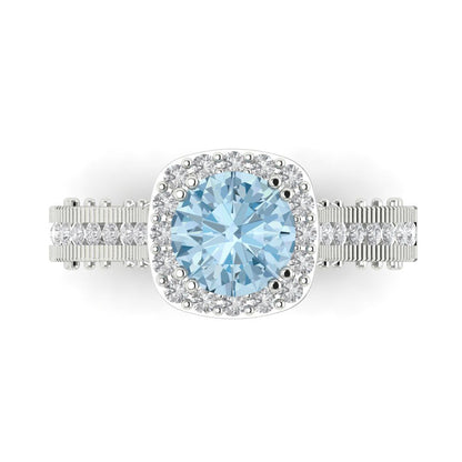 2.37 cttw Natural Aquamarine Hidden Halo Engagement Ring - Solid Gold (Round Cut,7.5mm)