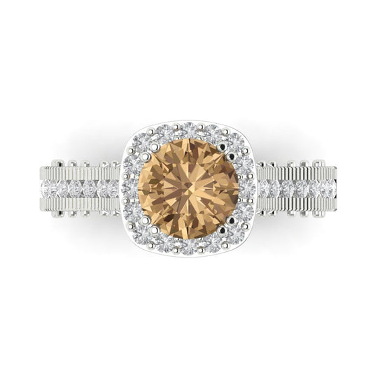 2.37 cttw Zirconia Simulated Champagne Diamond Hidden Halo Engagement Ring - Solid White Gold (VVS1, Round Cut,7.5mm)