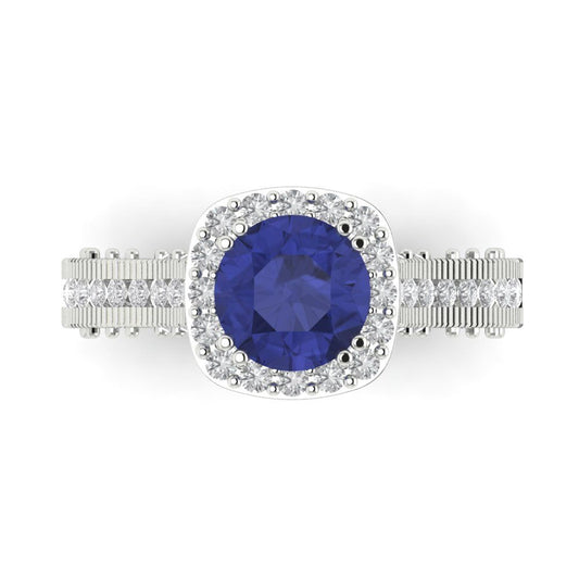 2.37 cttw Simulated Tanzanite Hidden Halo Engagement Ring - Solid White Gold (VVS1, Round Cut,7.5mm)