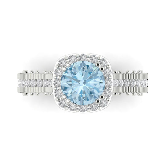 2.37 cttw Natural Sky Blue Topaz Hidden Halo Engagement Ring - Solid White Gold (VVS1, Round Cut,7.5mm)