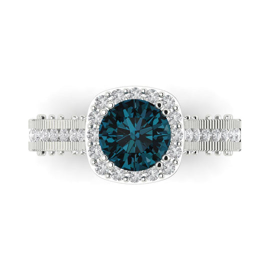 2.37 cttw Natural London Blue Topaz Hidden Halo Engagement Ring - Solid White Gold (VVS1, Round Cut,7.5mm)