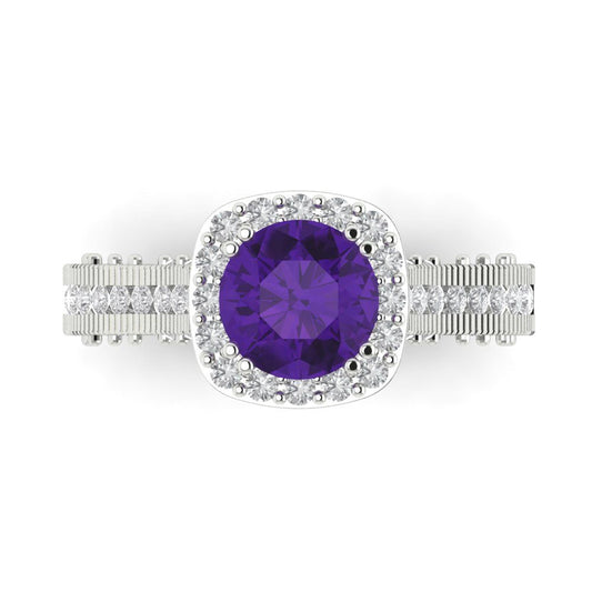 2.37 cttw Natural Amethyst Hidden Halo Engagement Ring - Solid White Gold (VVS1, Round Cut,7.5mm)