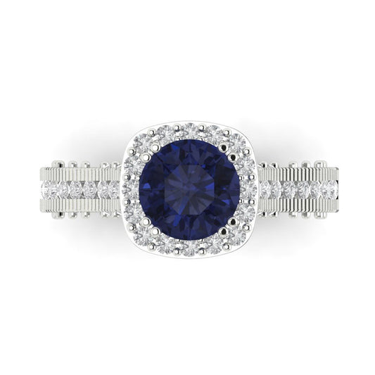 2.37 cttw Simulated Blue Sapphire Hidden Halo Engagement Ring - Solid White Gold (VVS1, Round Cut,7.5mm)