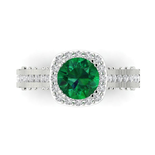 2.37 cttw Simulated Emerald Hidden Halo Engagement Ring - Solid White Gold (VVS1, Round Cut,7.5mm)