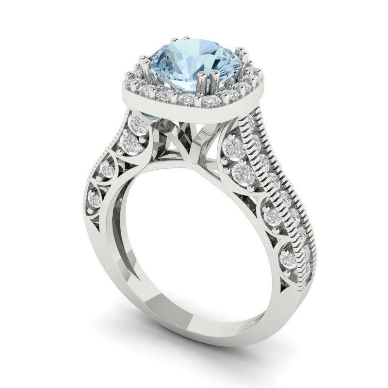 2.7 ct Brilliant Round Cut Blue Simulated Diamond Stone White Gold Halo Solitaire with Accents Ring