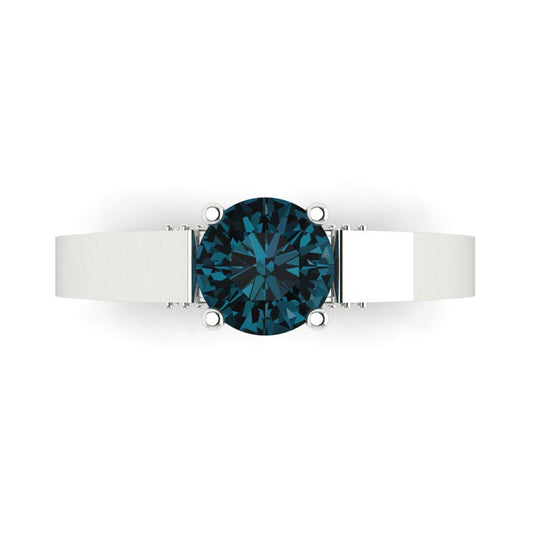 1.06 cttw Natural London Blue Topaz Solitaire with Zirconia Simulated Diamond Accents Engagement Ring - Solid White Gold (VVS1, Round Cut,6.5mm)