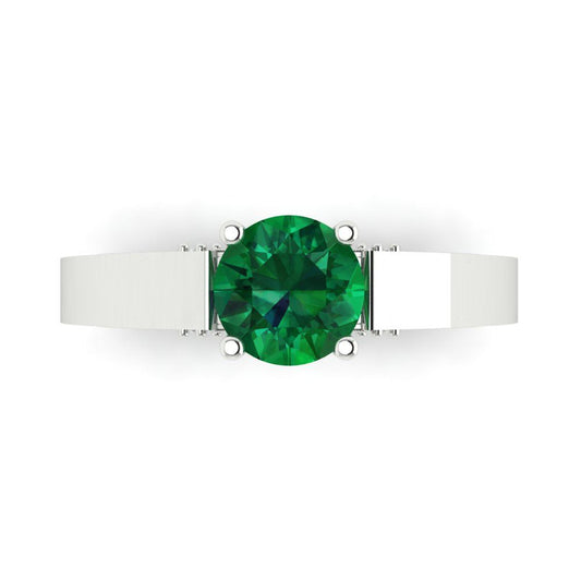 1.06 cttw Simulated Emerald Solitaire with Zirconia Simulated Diamond Accents Engagement Ring - Solid White Gold (VVS1, Round Cut,6.5mm)