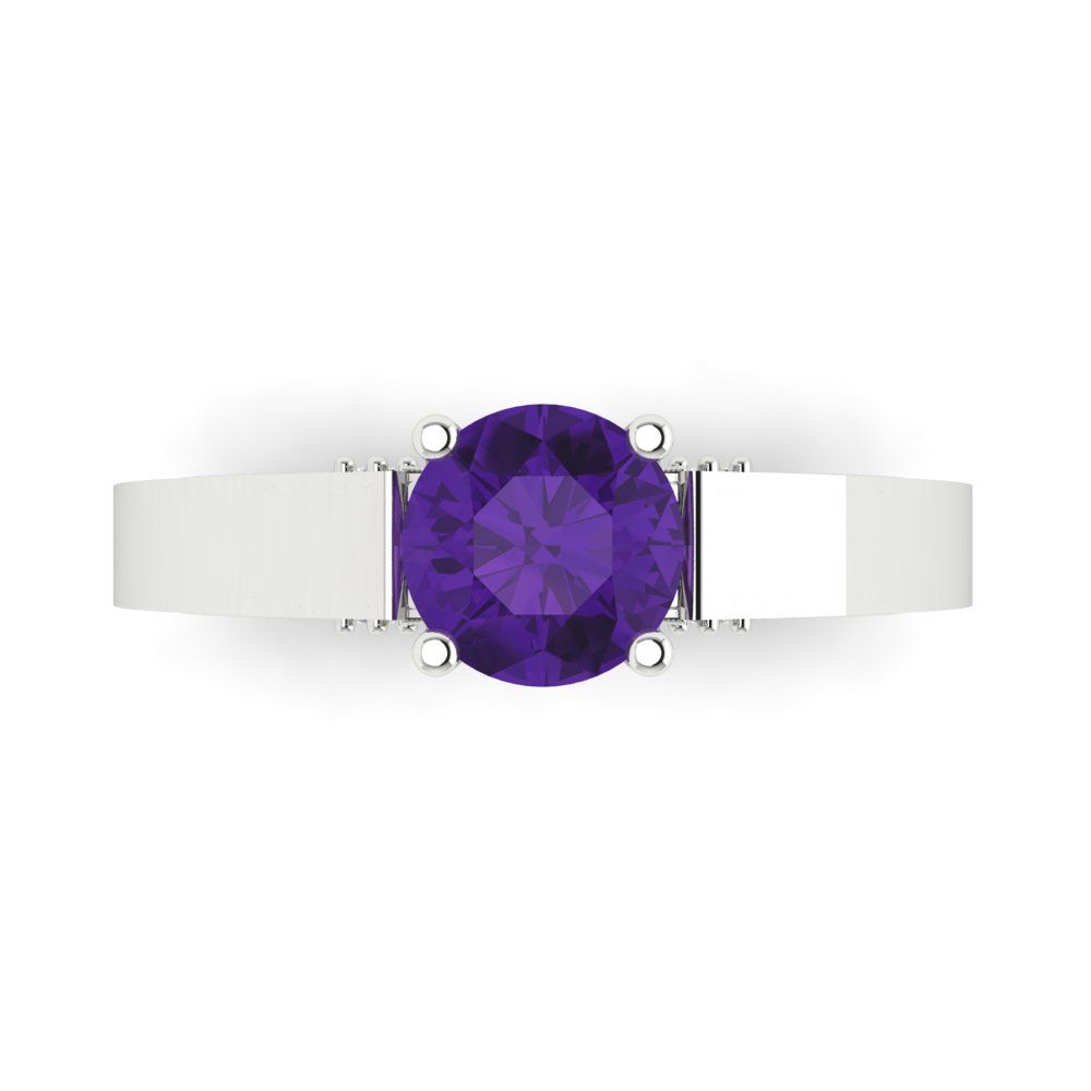 1.06 cttw Natural Amethyst Solitaire with Zirconia Simulated Diamond Accents Engagement Ring - Solid White Gold (VVS1, Round Cut,6.5mm)