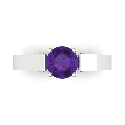 1.06 cttw Natural Amethyst Solitaire with Zirconia Simulated Diamond Accents Engagement Ring - Solid White Gold (VVS1, Round Cut,6.5mm)