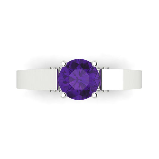 1.06 cttw Natural Amethyst Solitaire with Zirconia Simulated Diamond Accents Engagement Ring - Solid White Gold (VVS1, Round Cut,6.5mm)