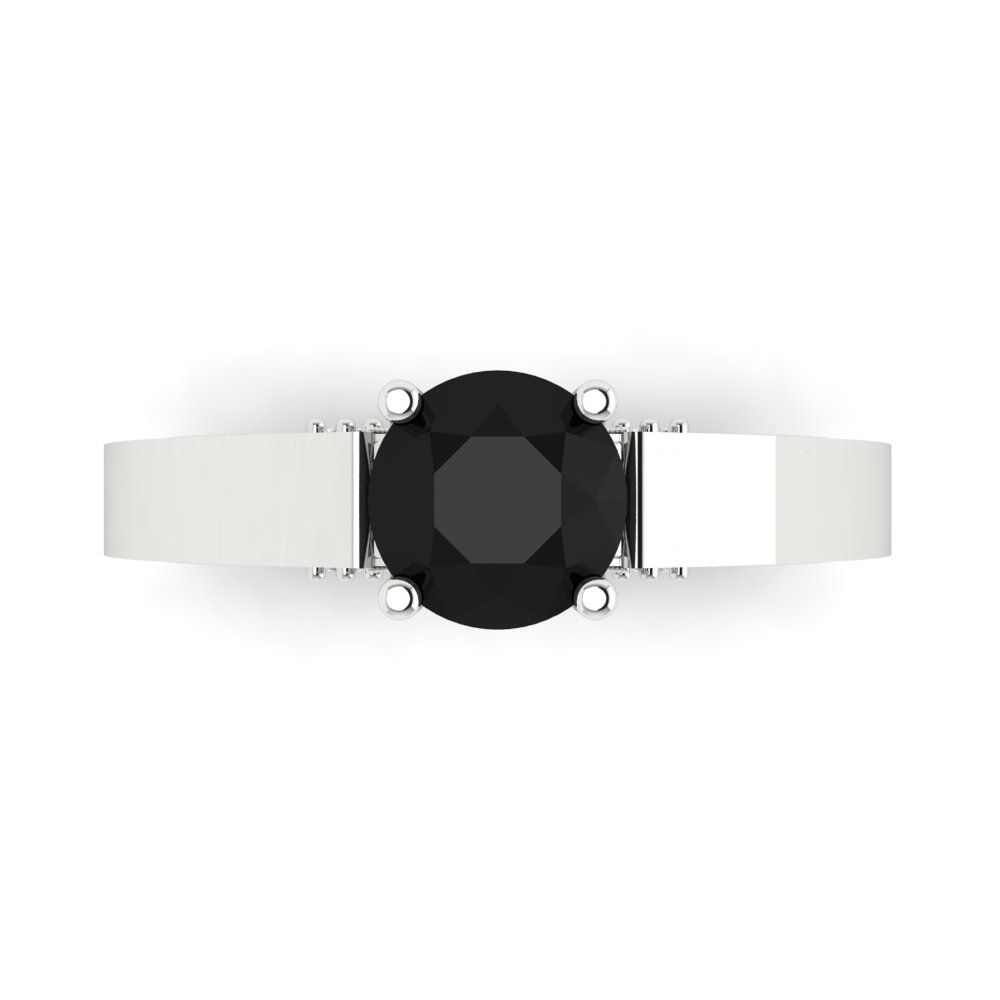 1.06 cttw Natural Onyx Solitaire with Zirconia Simulated Diamond Accents Engagement Ring - Solid White Gold (VVS1, Round Cut,6.5mm)