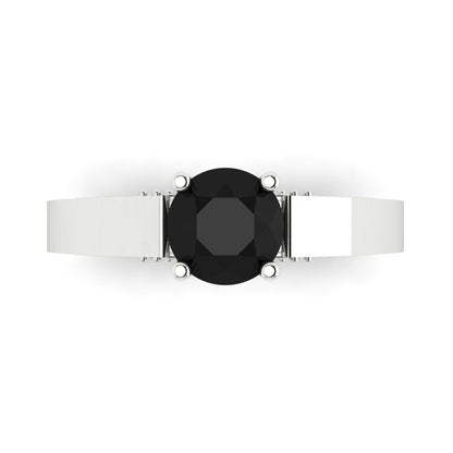 1.06 cttw Natural Onyx Solitaire with Zirconia Simulated Diamond Accents Engagement Ring - Solid White Gold (VVS1, Round Cut,6.5mm)