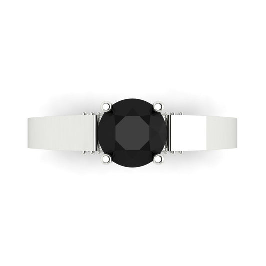 1.06 cttw Natural Onyx Solitaire with Zirconia Simulated Diamond Accents Engagement Ring - Solid White Gold (VVS1, Round Cut,6.5mm)