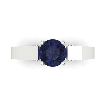 1.06 cttw Simulated Blue Sapphire Solitaire with Zirconia Simulated Diamond Accents Engagement Ring - Solid Gold (Round Cut,6.5mm)