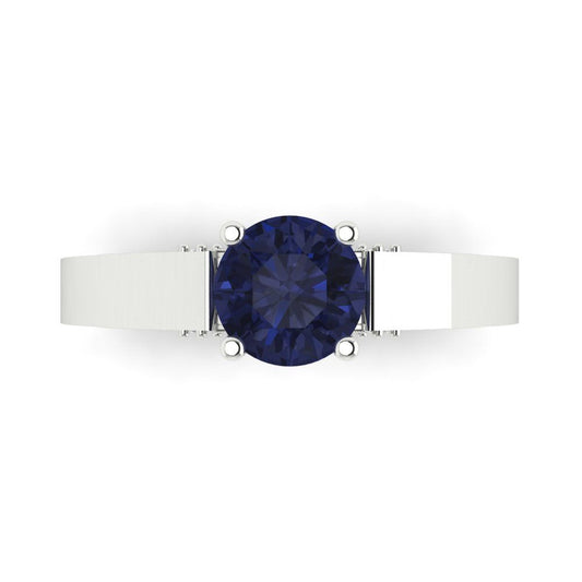1.06 cttw Simulated Blue Sapphire Solitaire with Zirconia Simulated Diamond Accents Engagement Ring - Solid White Gold (VVS1, Round Cut,6.5mm)