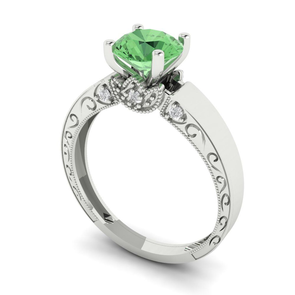 1.06 cttw Zirconia Simulated Green Diamond Solitaire with Zirconia Simulated Diamond Accents Engagement Ring - Solid Gold (VVS1, Round Cut,6.5mm)