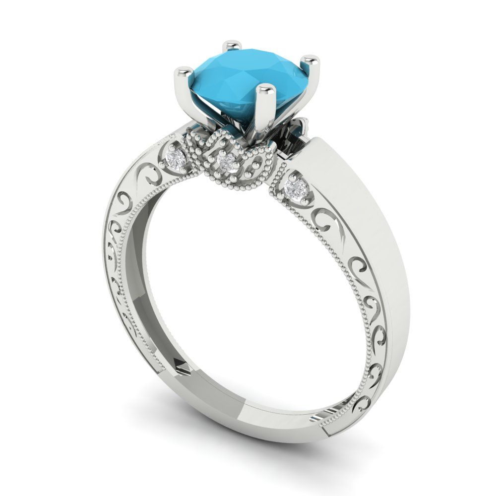 1.06 cttw Simulated Turquoise Solitaire with Zirconia Simulated Diamond Accents Engagement Ring - Solid White Gold (VVS1, Round Cut,6.5mm)