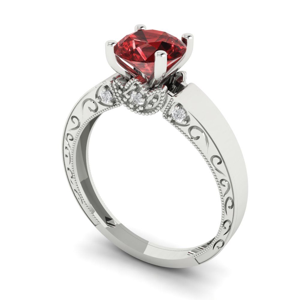 1.06 cttw Natural Garnet Solitaire with Zirconia Simulated Diamond Accents Engagement Ring - Solid White Gold (VVS1, Round Cut,6.5mm)