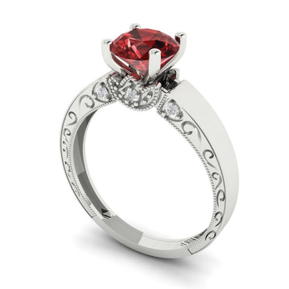 1.06 cttw Natural Garnet Solitaire with Zirconia Simulated Diamond Accents Engagement Ring - Solid White Gold (VVS1, Round Cut,6.5mm)