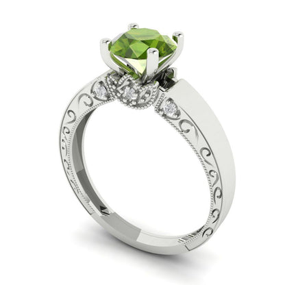 1.06 cttw Natural Peridot Solitaire with Zirconia Simulated Diamond Accents Engagement Ring - Solid Gold (Round Cut,6.5mm)
