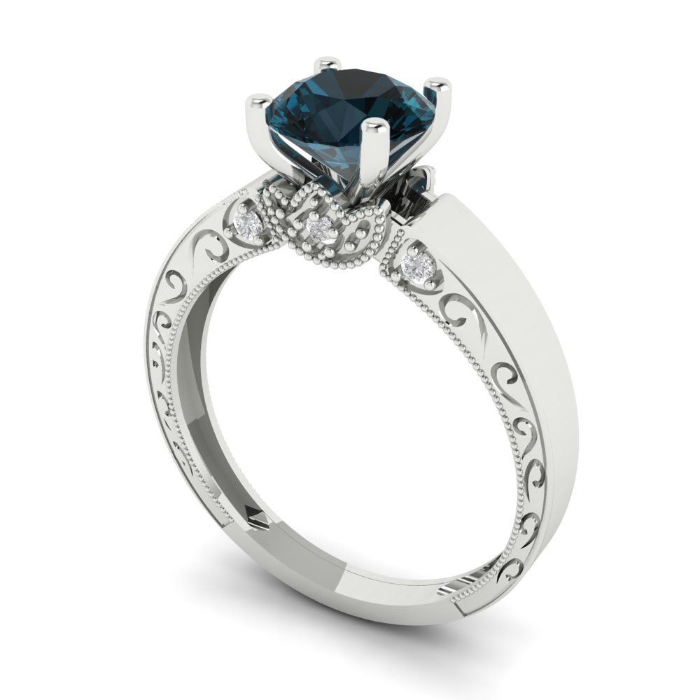 1.06 cttw Natural London Blue Topaz Solitaire with Zirconia Simulated Diamond Accents Engagement Ring - Solid Gold (Round Cut,6.5mm)