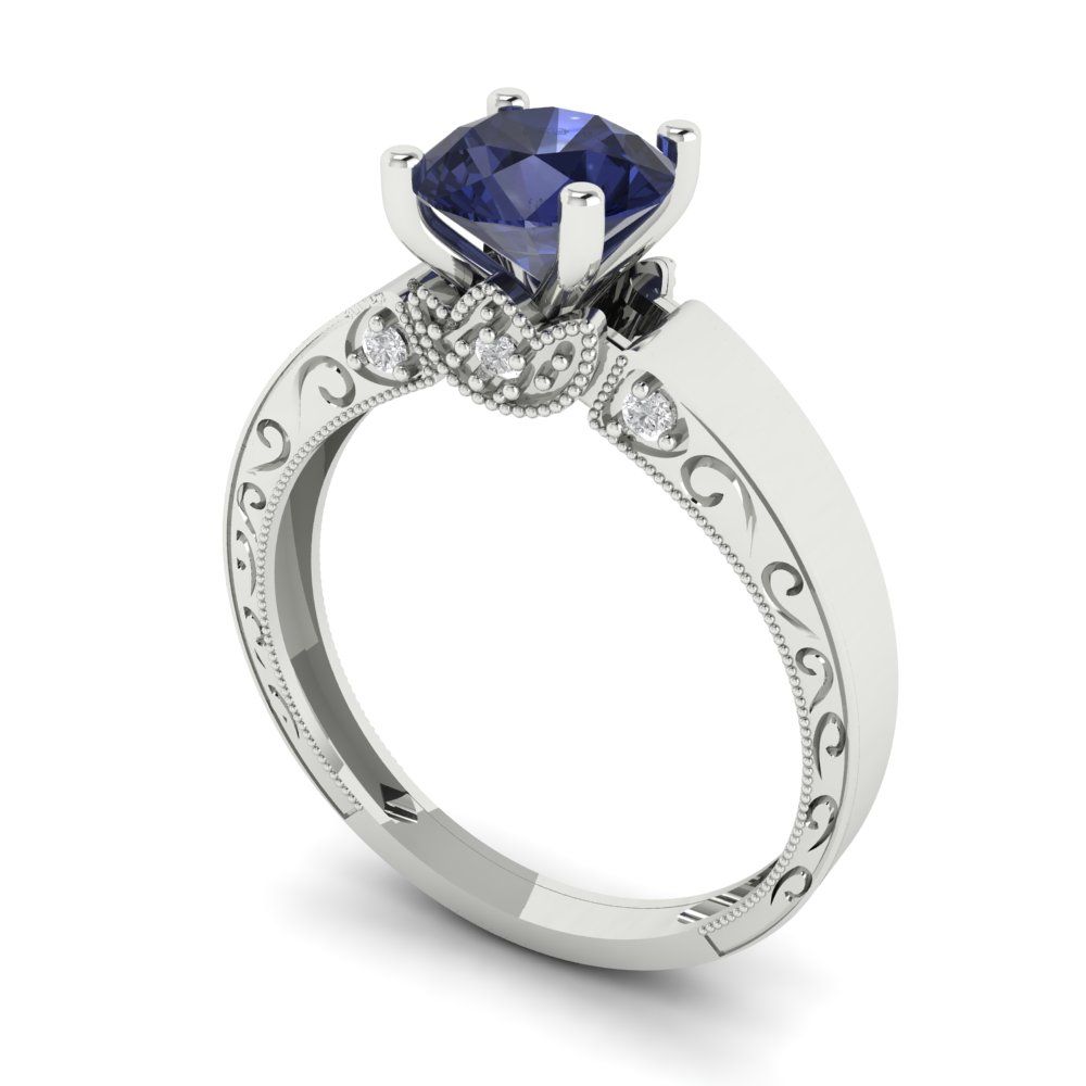 1.06 cttw Simulated Blue Sapphire Solitaire with Zirconia Simulated Diamond Accents Engagement Ring - Solid Gold (Round Cut,6.5mm)
