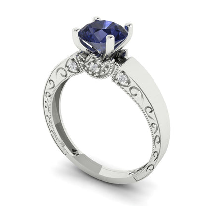 1.06 cttw Simulated Blue Sapphire Solitaire with Zirconia Simulated Diamond Accents Engagement Ring - Solid Gold (Round Cut,6.5mm)