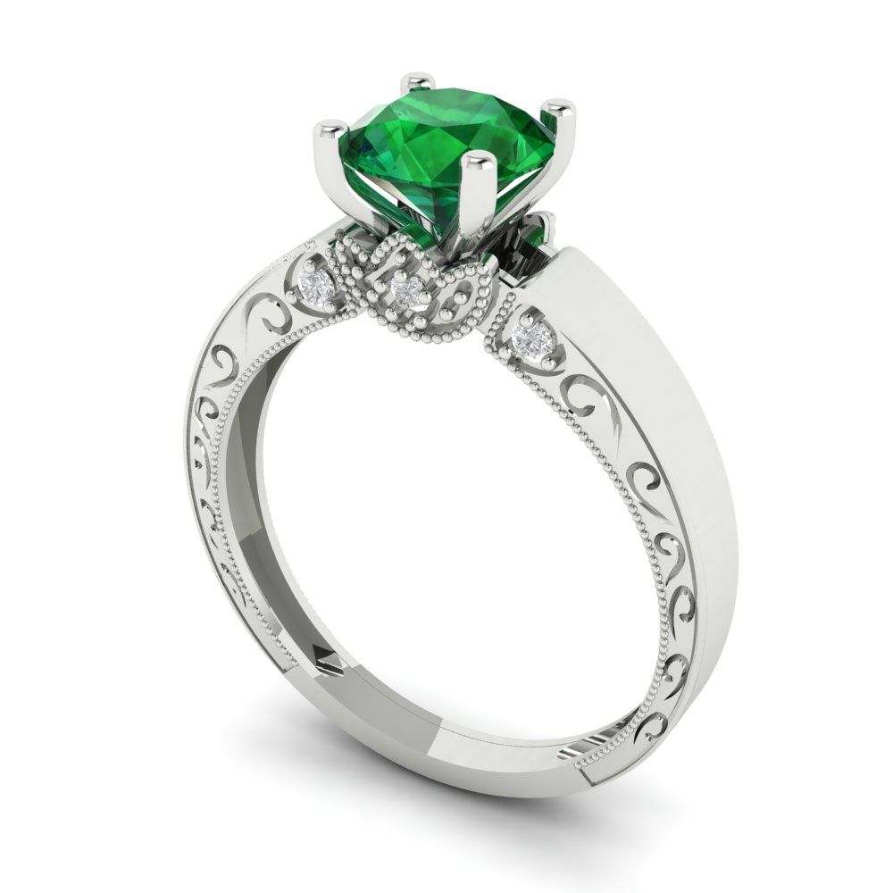 1.06 cttw Simulated Emerald Solitaire with Zirconia Simulated Diamond Accents Engagement Ring - Solid Gold (Round Cut,6.5mm)