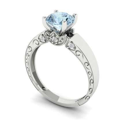 1.06 cttw Zirconia Simulated Blue Diamond Solitaire with Zirconia Simulated Diamond Accents Engagement Ring - Solid Gold (VVS1, Round Cut,6.5mm)