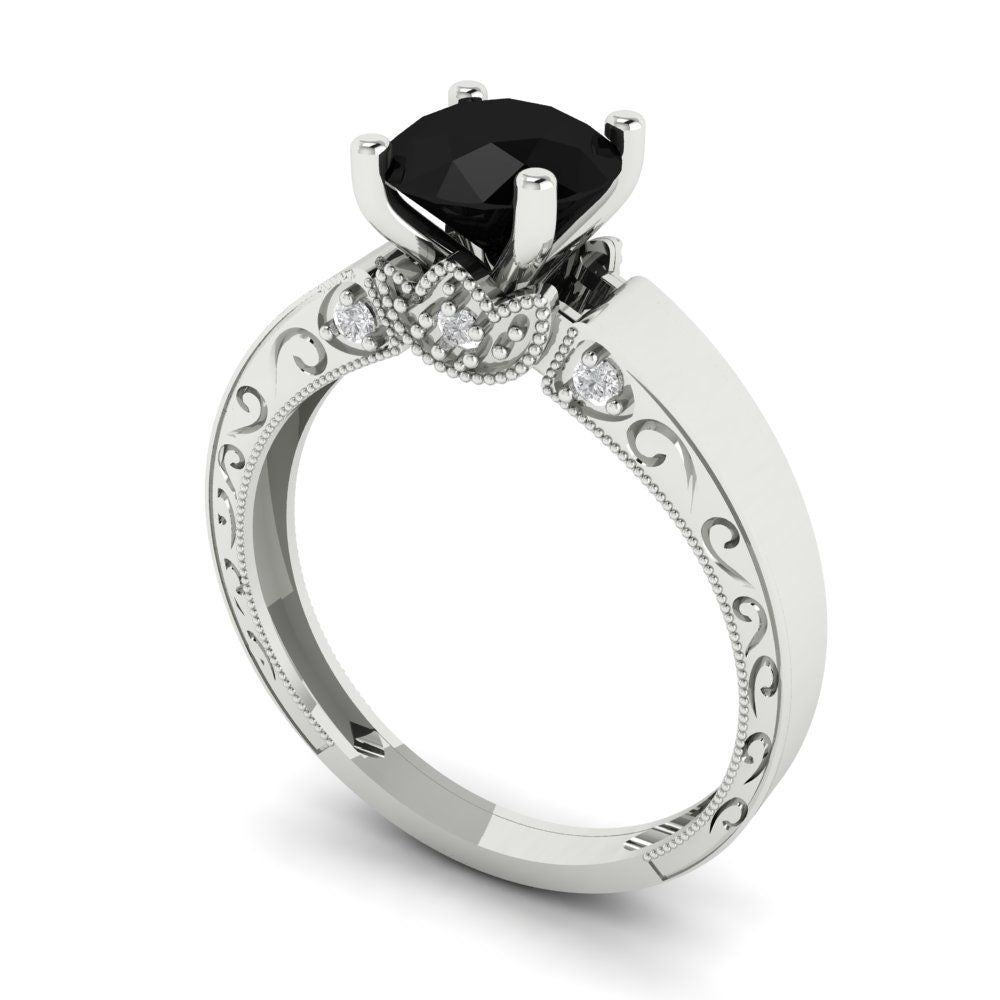 1.06 cttw Natural Onyx Solitaire with Zirconia Simulated Diamond Accents Engagement Ring - Solid White Gold (VVS1, Round Cut,6.5mm)