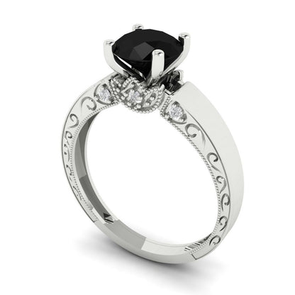 1.06 cttw Natural Onyx Solitaire with Zirconia Simulated Diamond Accents Engagement Ring - Solid White Gold (VVS1, Round Cut,6.5mm)