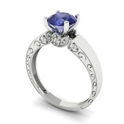 1.06 cttw Simulated Tanzanite Solitaire with Zirconia Simulated Diamond Accents Engagement Ring - Solid Gold (Round Cut,6.5mm)