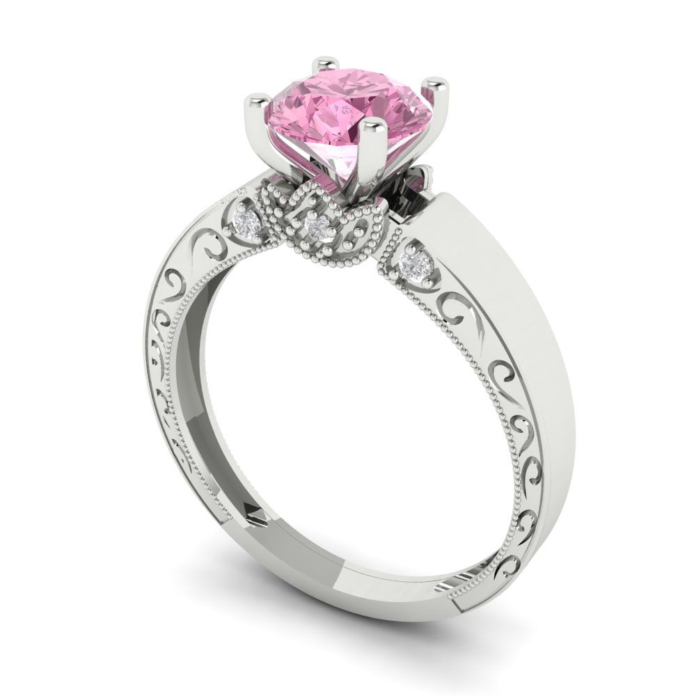 1.06 cttw Zirconia Simulated Pink Diamond Solitaire with Zirconia Simulated Diamond Accents Engagement Ring - Solid Gold (VVS1, Round Cut,6.5mm)