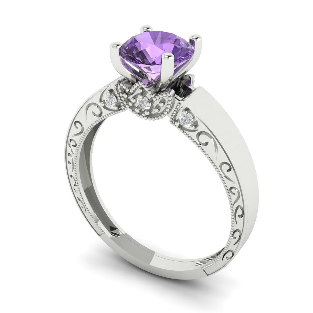 1.06 cttw Simulated Alexandrite Solitaire with Zirconia Simulated Diamond Accents Engagement Ring - Solid White Gold (VVS1, Round Cut,6.5mm)