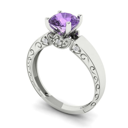 1.06 cttw Simulated Alexandrite Solitaire with Zirconia Simulated Diamond Accents Engagement Ring - Solid White Gold (VVS1, Round Cut,6.5mm)