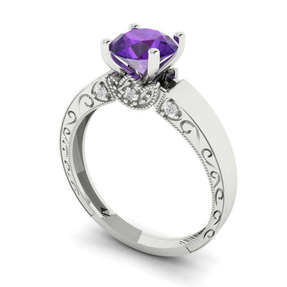 1.06 cttw Natural Amethyst Solitaire with Zirconia Simulated Diamond Accents Engagement Ring - Solid White Gold (VVS1, Round Cut,6.5mm)