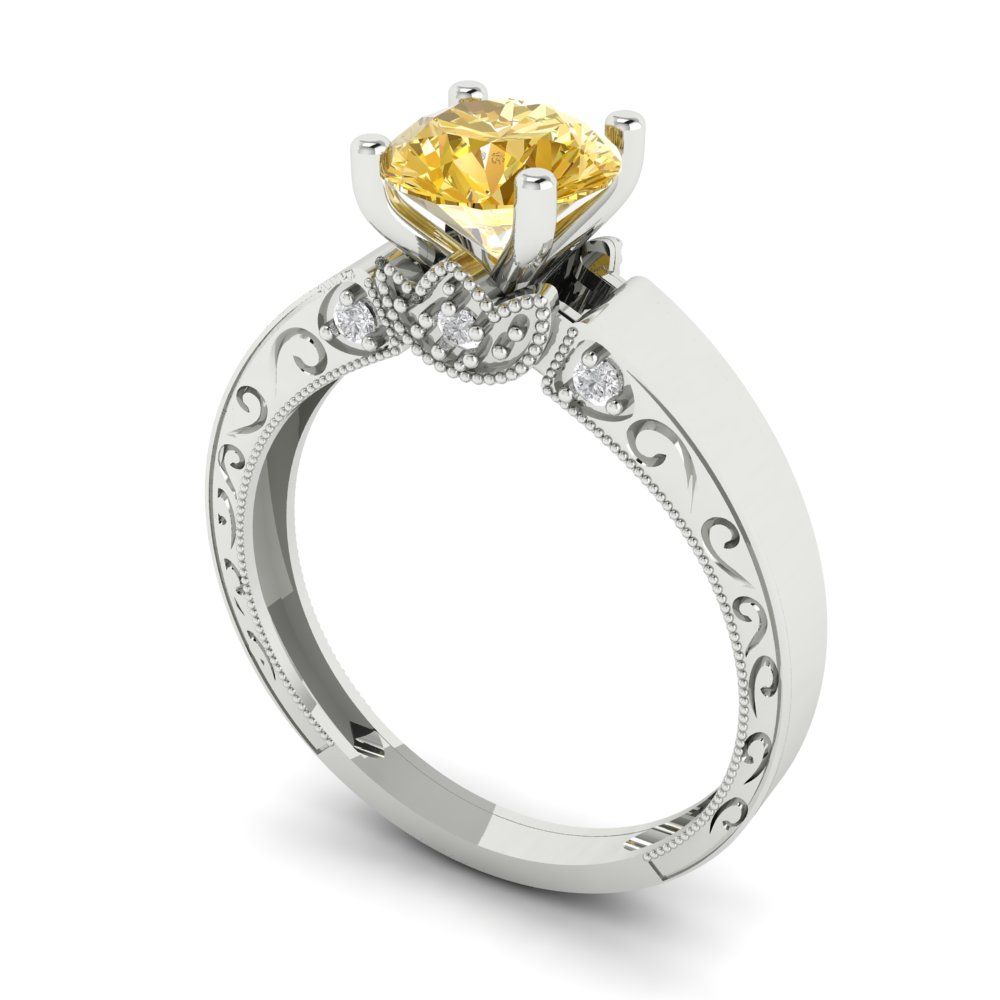 1.06 cttw Zirconia Simulated Yellow Diamond Solitaire with Zirconia Simulated Diamond Accents Engagement Ring - Solid Gold (VVS1, Round Cut,6.5mm)