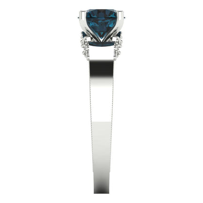1.06 cttw Natural London Blue Topaz Solitaire with Zirconia Simulated Diamond Accents Engagement Ring - Solid Gold (Round Cut,6.5mm)