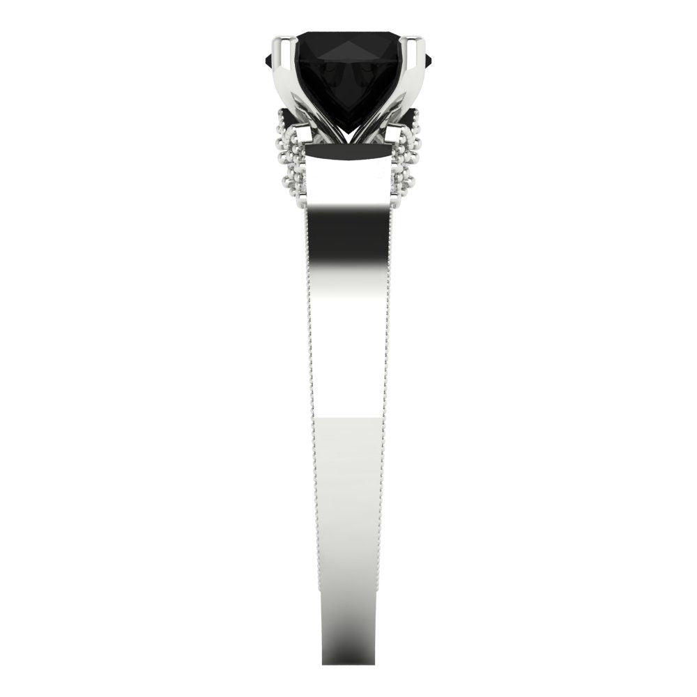 1.06 cttw Natural Onyx Solitaire with Zirconia Simulated Diamond Accents Engagement Ring - Solid White Gold (VVS1, Round Cut,6.5mm)