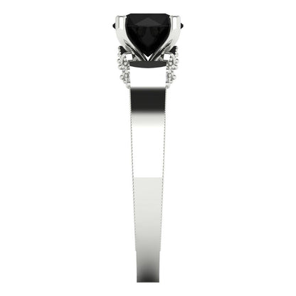 1.06 cttw Natural Onyx Solitaire with Zirconia Simulated Diamond Accents Engagement Ring - Solid White Gold (VVS1, Round Cut,6.5mm)
