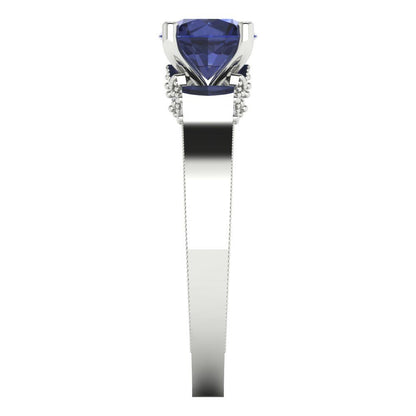1.06 cttw Simulated Blue Sapphire Solitaire with Zirconia Simulated Diamond Accents Engagement Ring - Solid Gold (Round Cut,6.5mm)