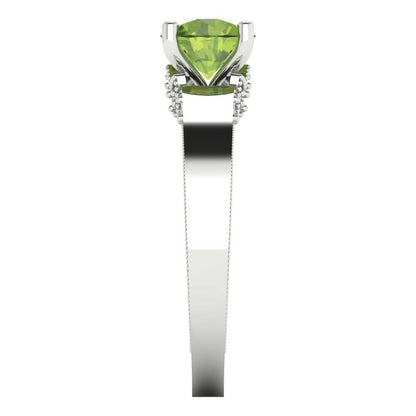 1.06 cttw Natural Peridot Solitaire with Zirconia Simulated Diamond Accents Engagement Ring - Solid Gold (Round Cut,6.5mm)