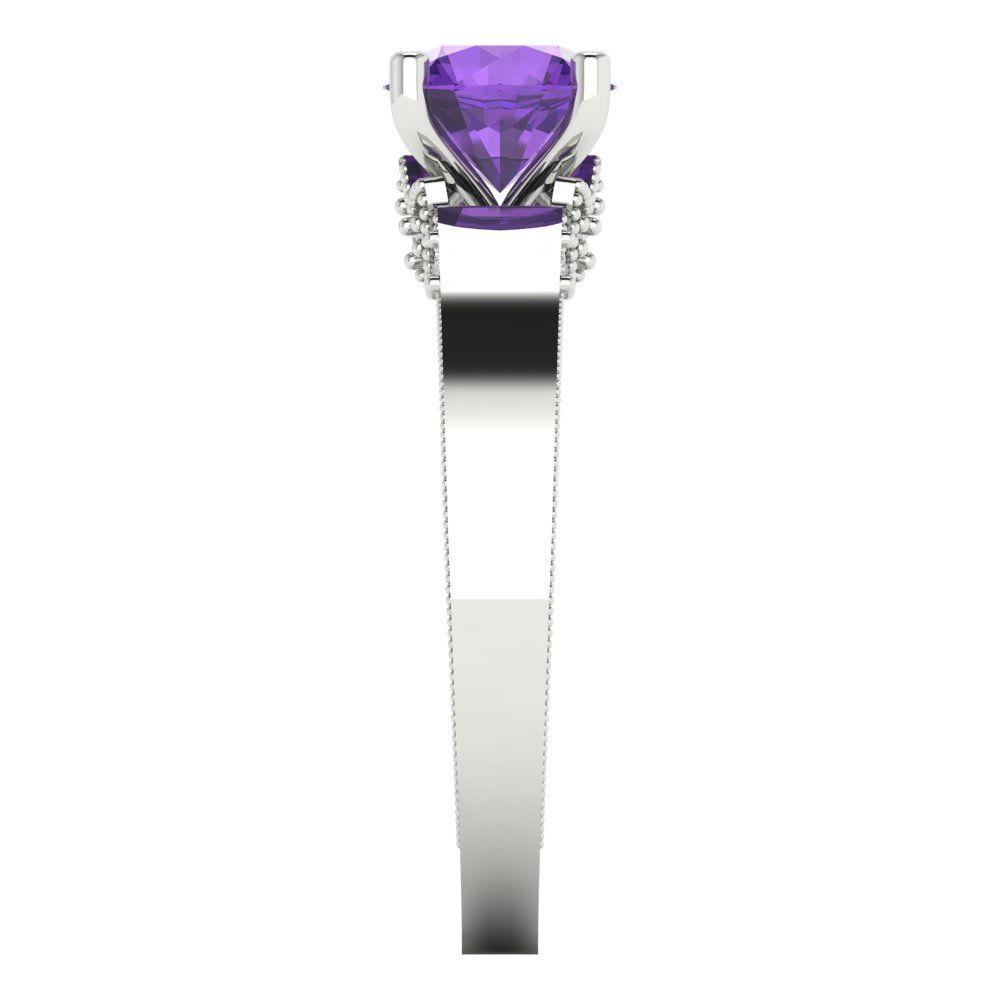 1.06 cttw Natural Amethyst Solitaire with Zirconia Simulated Diamond Accents Engagement Ring - Solid White Gold (VVS1, Round Cut,6.5mm)