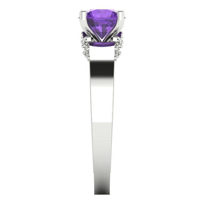 1.06 cttw Natural Amethyst Solitaire with Zirconia Simulated Diamond Accents Engagement Ring - Solid White Gold (VVS1, Round Cut,6.5mm)