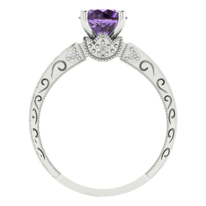 1.06 cttw Simulated Alexandrite Solitaire with Zirconia Simulated Diamond Accents Engagement Ring - Solid White Gold (VVS1, Round Cut,6.5mm)