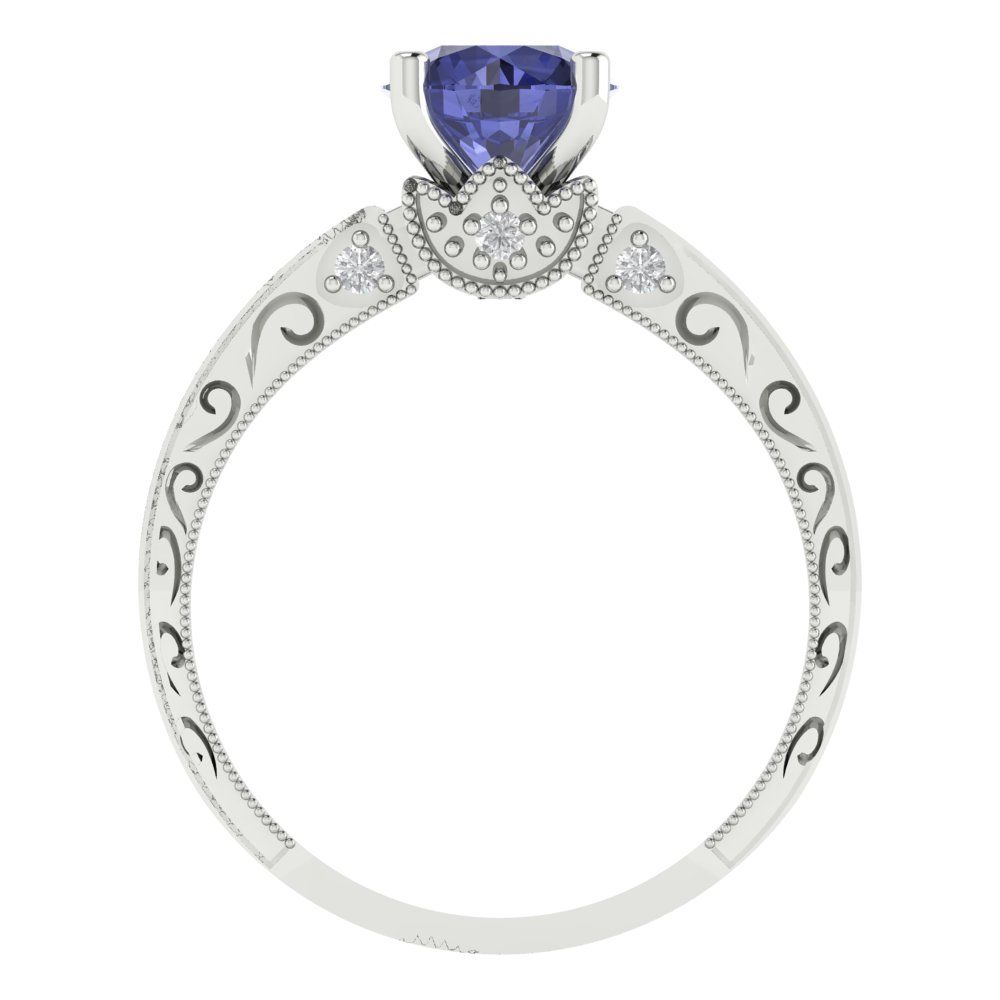 1.06 cttw Simulated Tanzanite Solitaire with Zirconia Simulated Diamond Accents Engagement Ring - Solid Gold (Round Cut,6.5mm)