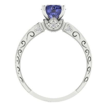 1.06 cttw Simulated Tanzanite Solitaire with Zirconia Simulated Diamond Accents Engagement Ring - Solid Gold (Round Cut,6.5mm)