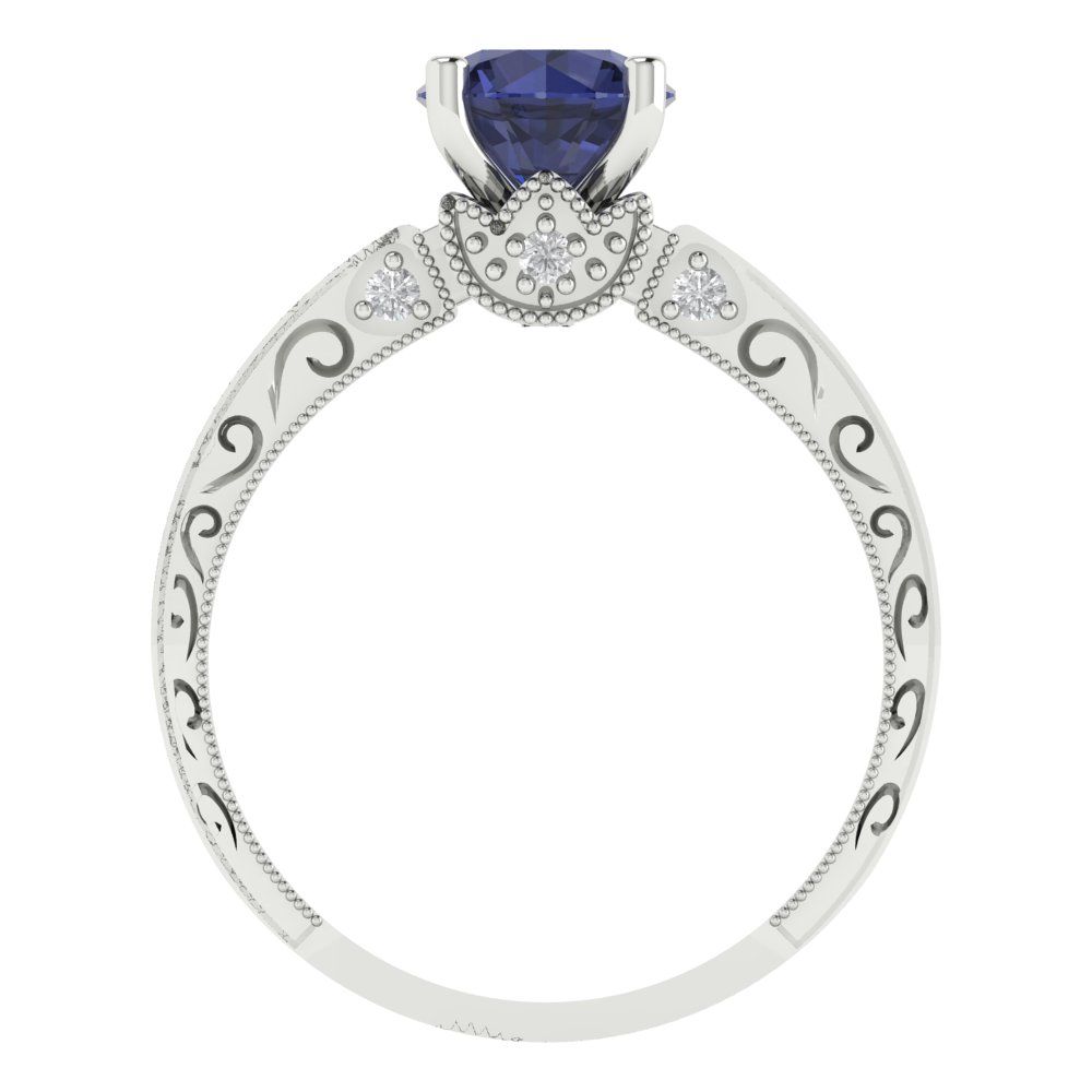 1.06 cttw Simulated Blue Sapphire Solitaire with Zirconia Simulated Diamond Accents Engagement Ring - Solid Gold (Round Cut,6.5mm)