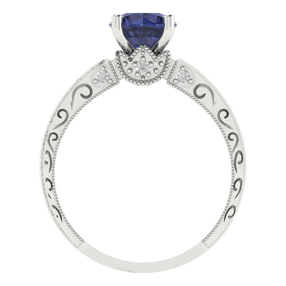 1.06 cttw Simulated Blue Sapphire Solitaire with Zirconia Simulated Diamond Accents Engagement Ring - Solid Gold (Round Cut,6.5mm)